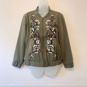 Chico’s Collectibles Embroidered Bomber Jacket Olive Green Size 2 Large